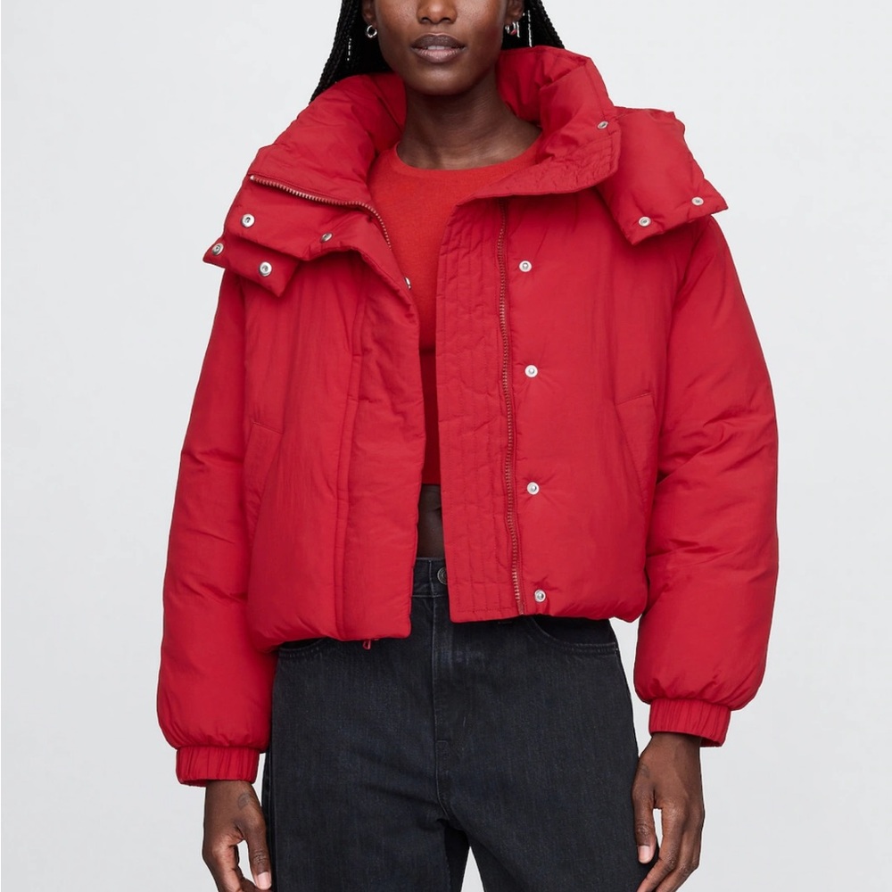 NWOT GAP Cropped Duvet Wrap Puffer Jacket in Gray/Brown